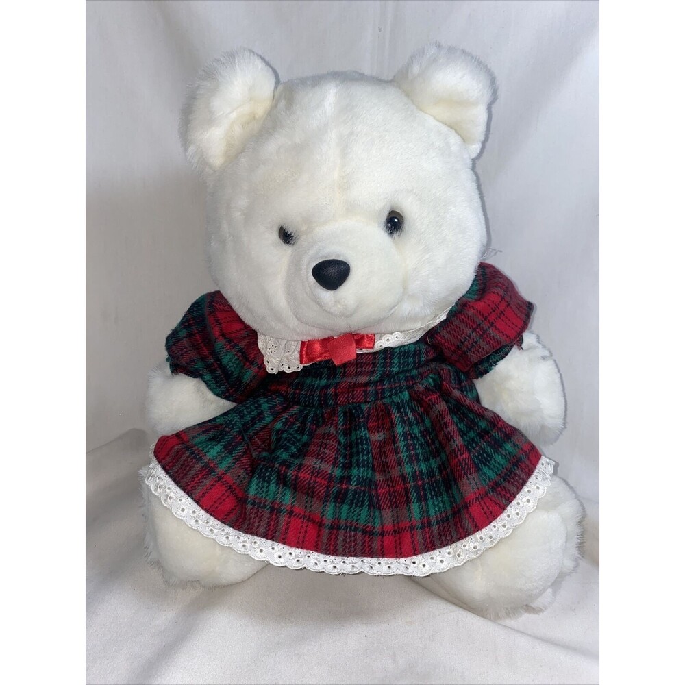 Vintage Jingle Bear Girl Christmas Plush Stuffed White Teddy Bear Holiday Plaid